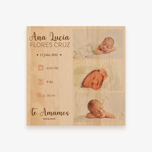 Cargar imagen en el visor de la galería, Cuadro de Madera Personalizado: Tres Fotos y Datos de Nacimiento del Bebé con Mensaje de Amor
