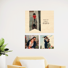 Cargar imagen en el visor de la galería, tres piezas con fotos junto a papá impresas en madera colgadas en la pared
